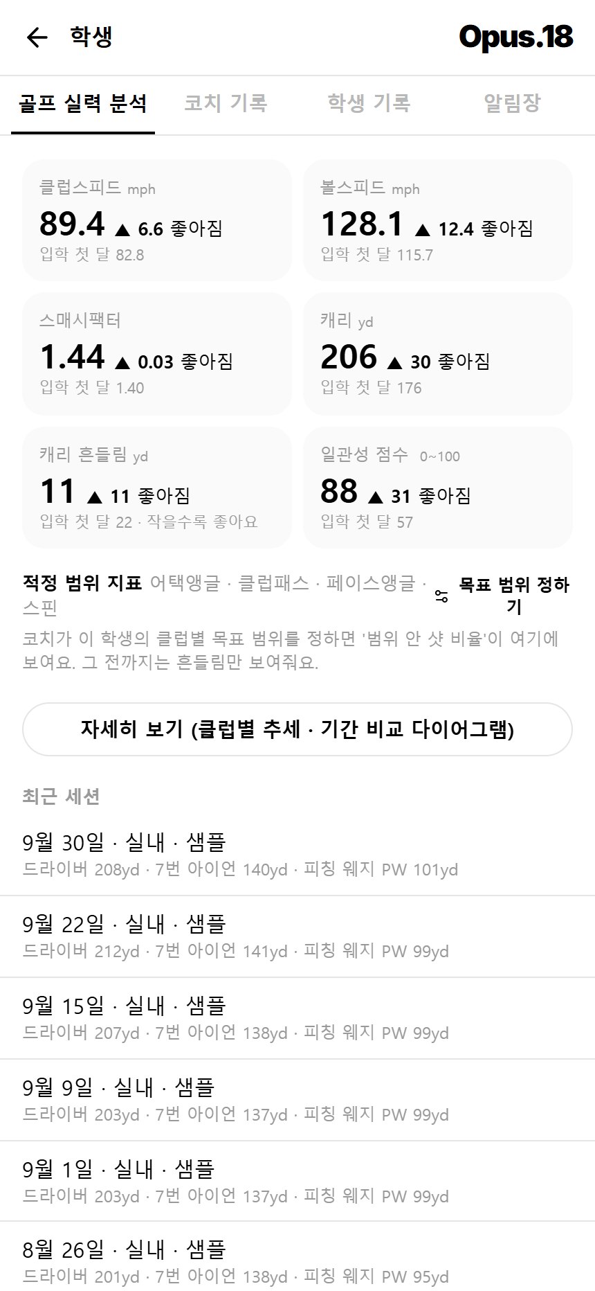 골프 실력 분석 탭 · 성장 카드